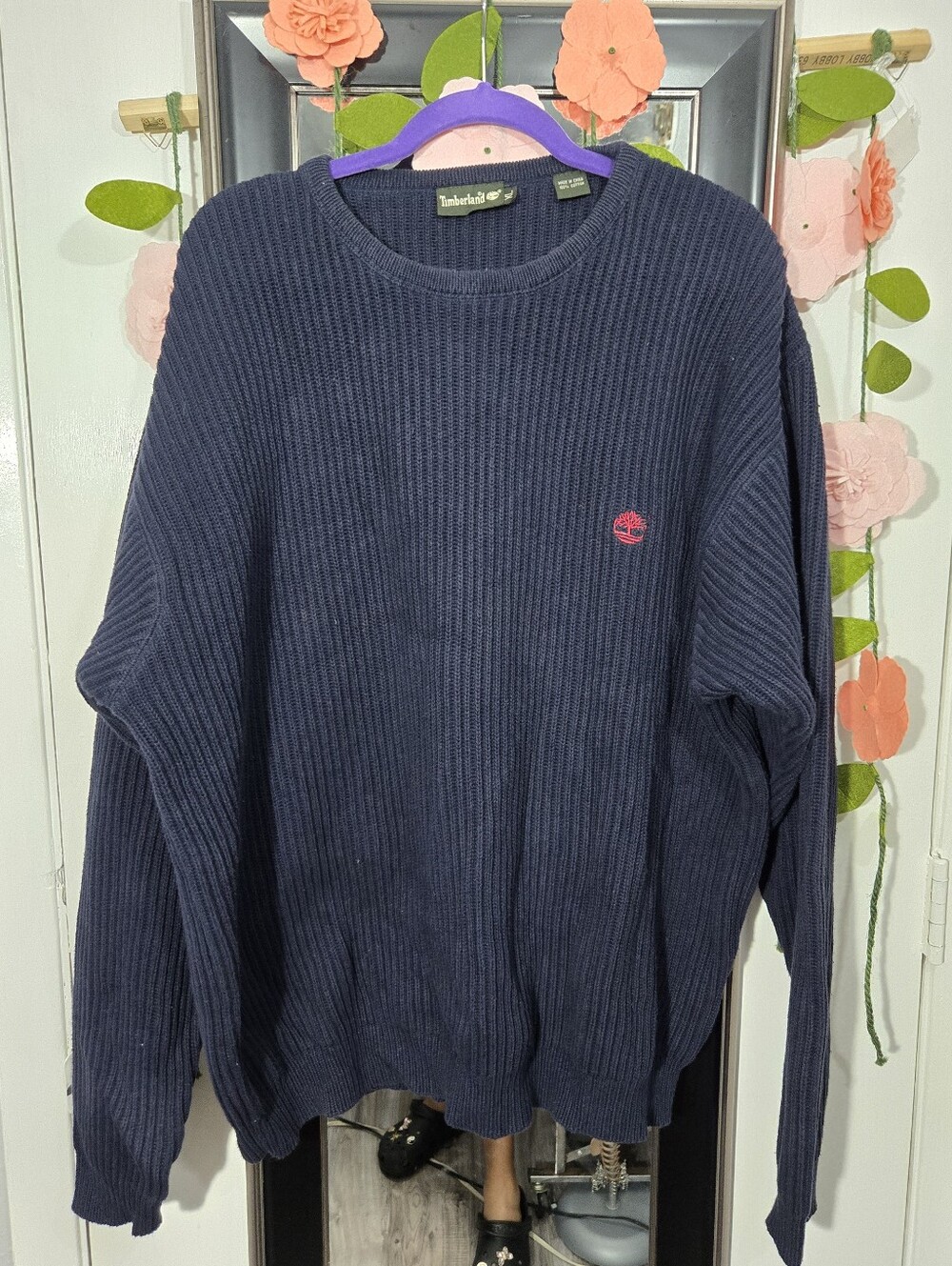 Vintage Timberland ribbed-knit crewneck sweater in navy blue Sz XL